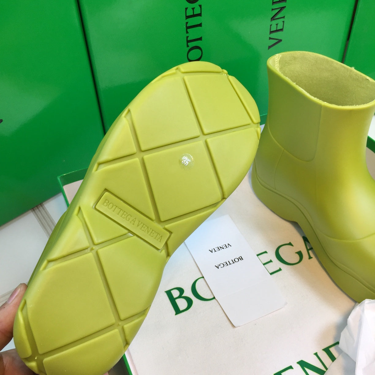 BOTTEGA VENETA PUDDLE ANKLE BOOT IN OLIVE GREEN RUBBER