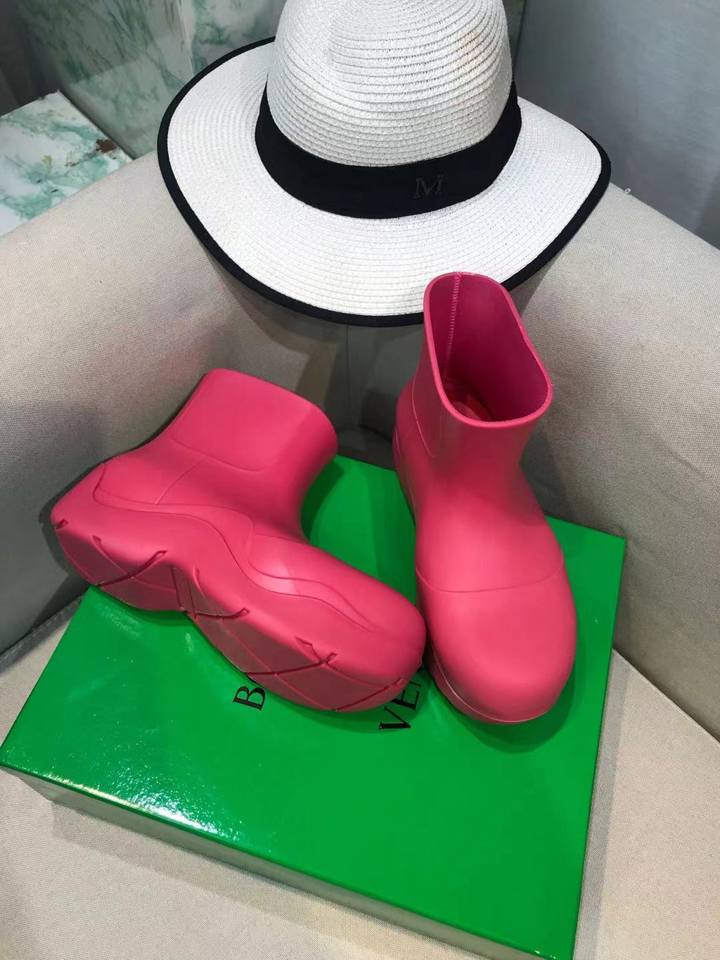 BOTTEGA VENETA PUDDLE ANKLE BOOT IN BRIGHT PINK RUBBER