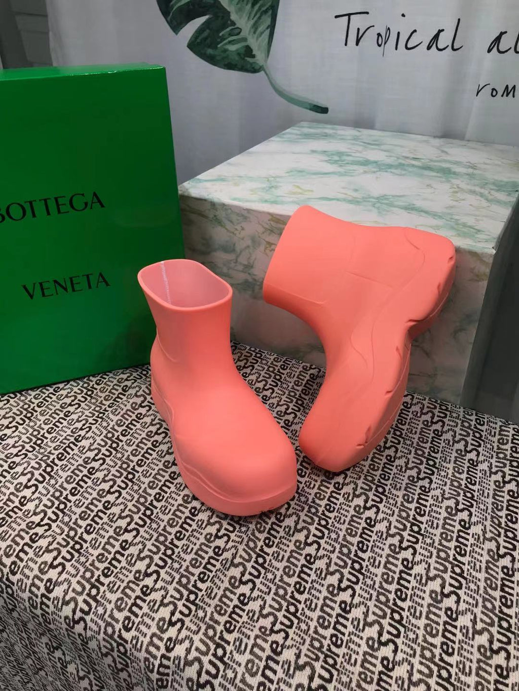 BOTTEGA VENETA PUDDLE ANKLE BOOT IN PUNCH PINK RUBBER
