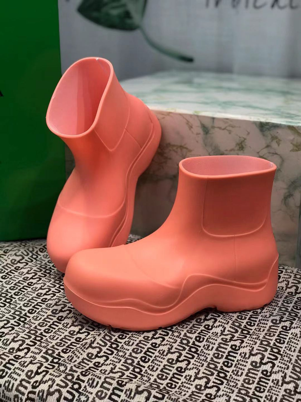 BOTTEGA VENETA PUDDLE ANKLE BOOT IN PUNCH PINK RUBBER
