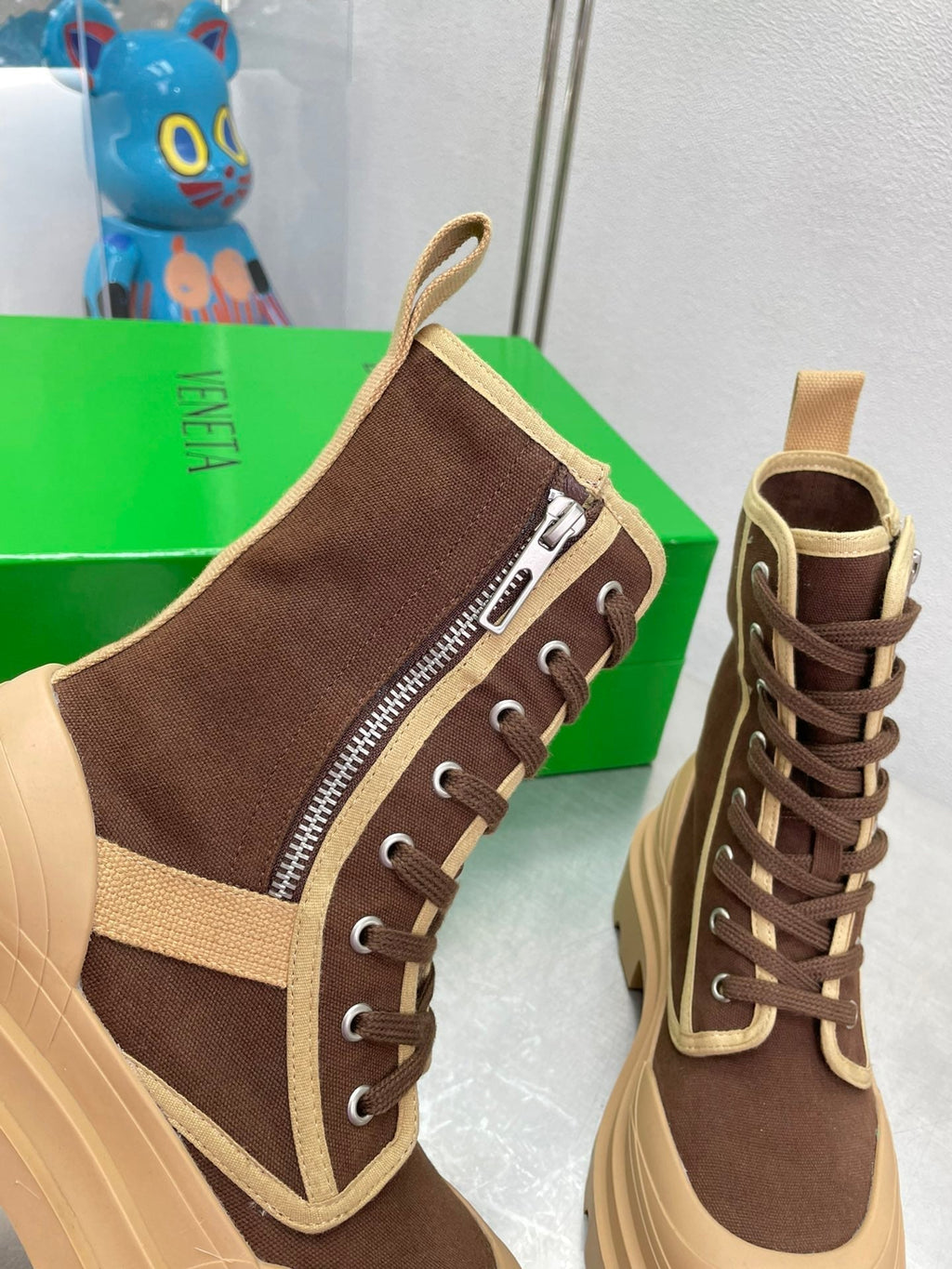BOTTEGA VENETA RIBBON BOMBER LACE-UP BOOTS IN RUSSET MIX PEANUT BROWN CANVAS