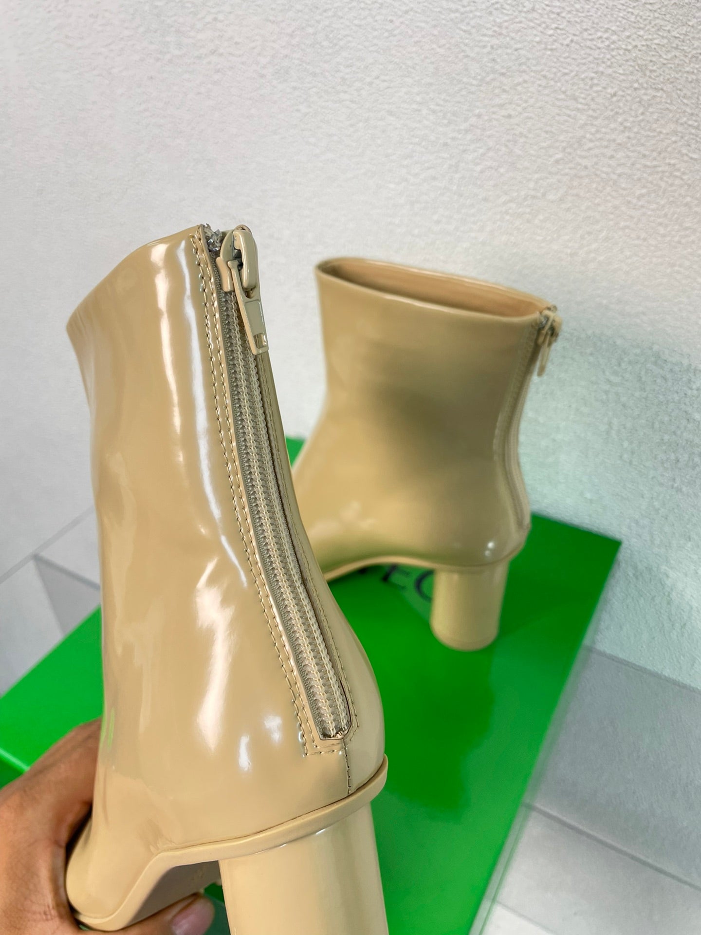 BOTTEGA VENETA ATOMIC ANKLE BOOT IN KHAKI TAN CALFSKIN 75 MM