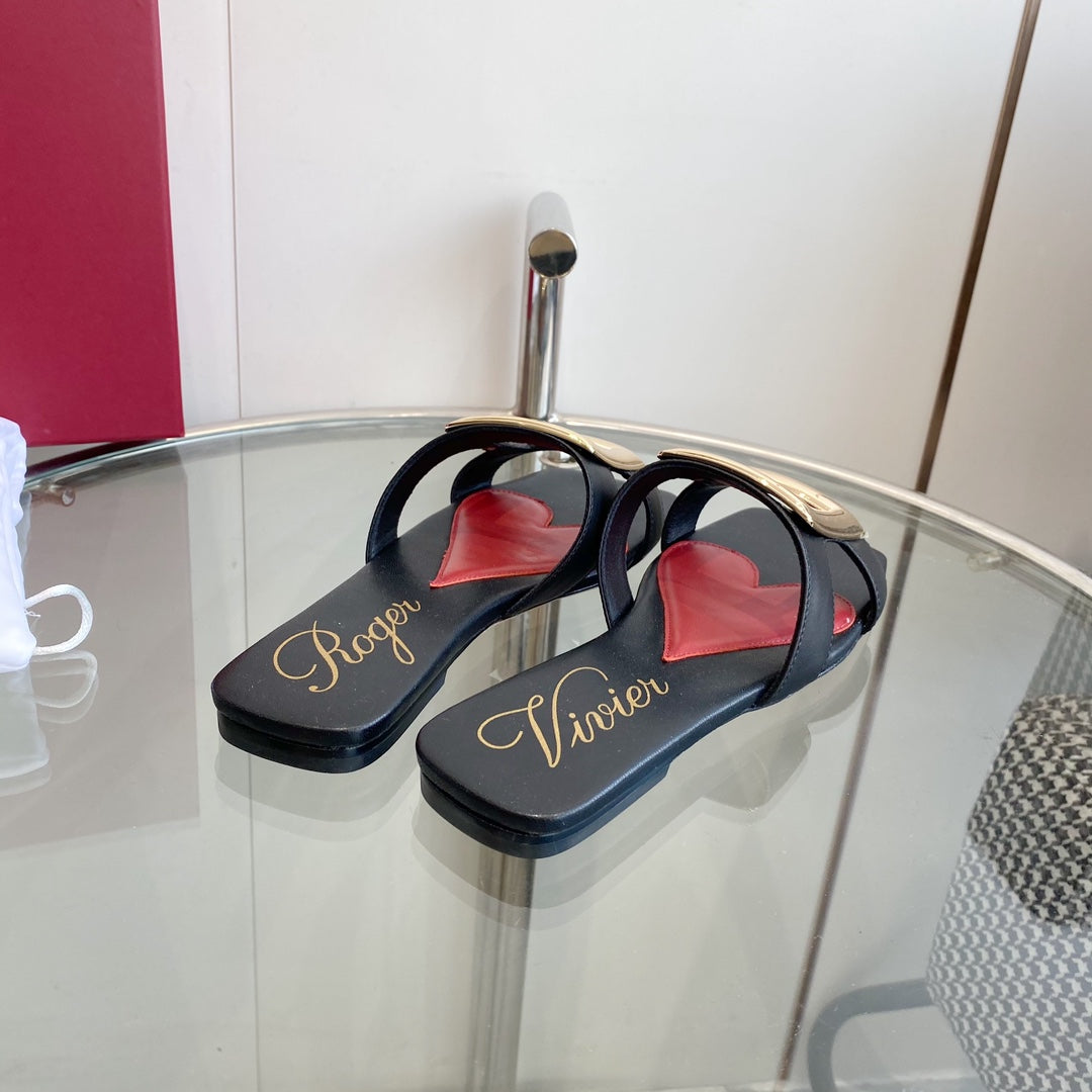 VIV' BY THE SEA LOVE METAL MULES IN BLACK CALFSKIN GOLD BUCKLE
