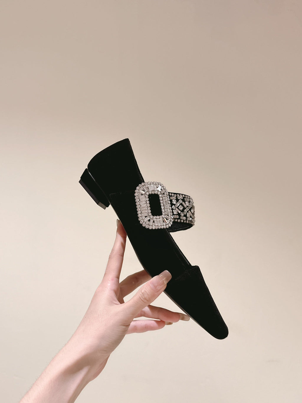MARY JANES IN BLACK VELVET WITH CRYSTAL EMBELLISHED STRAP
