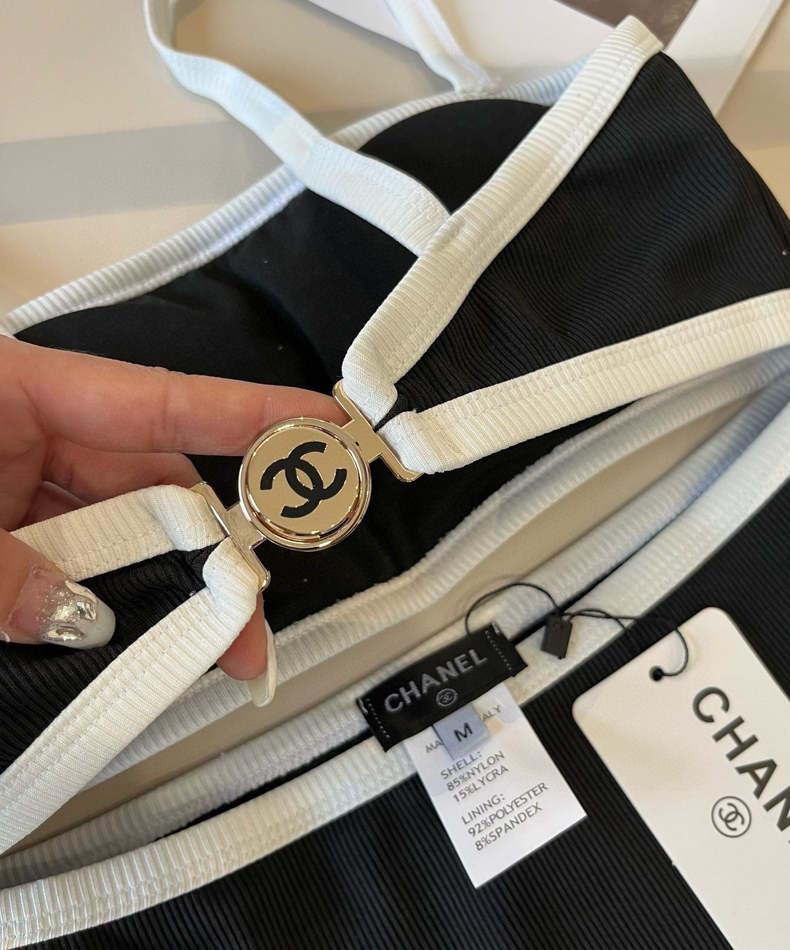 CHANEL BIKINI SWIMSUIT SET BLACK WHITE 174796