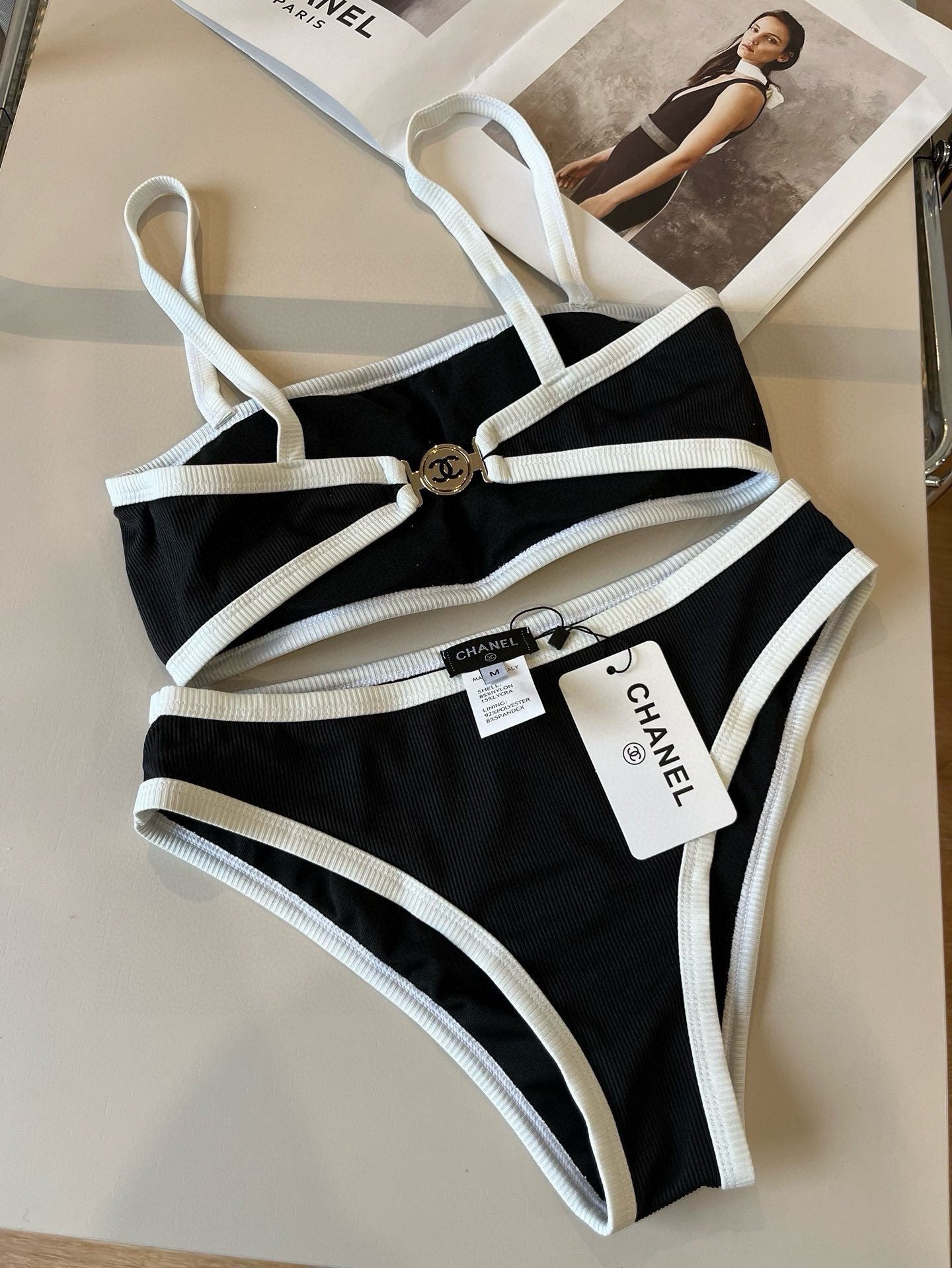 CHANEL BIKINI SWIMSUIT SET BLACK WHITE 174796