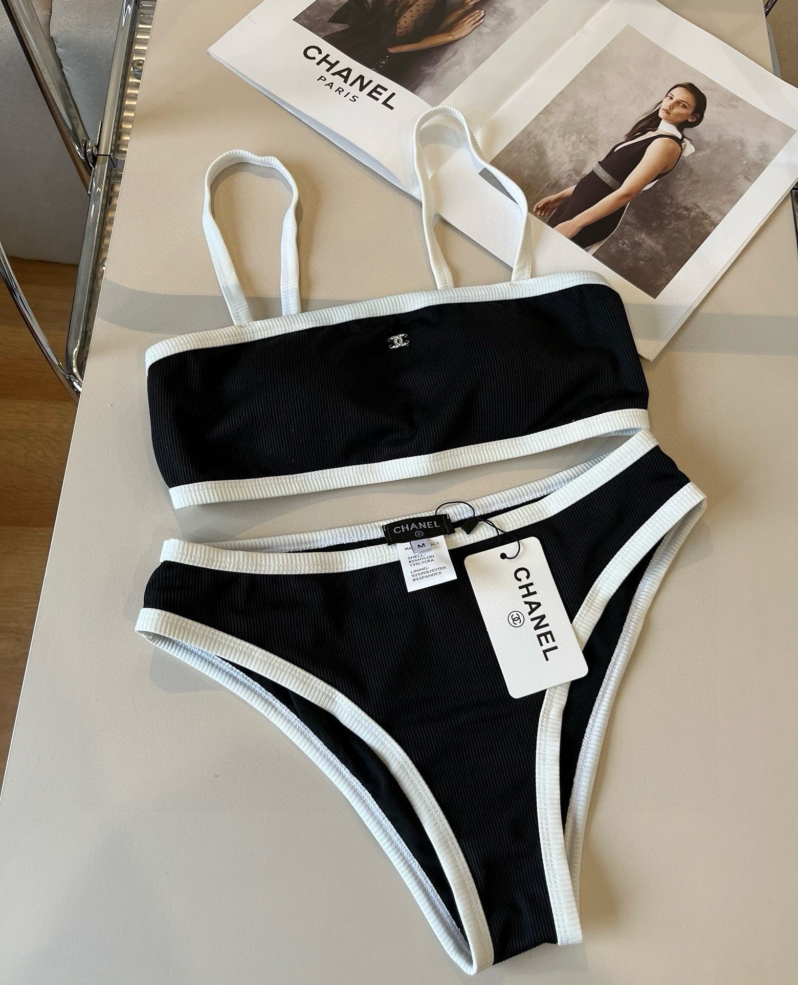 CHANEL BIKINI SWIMSUIT SET BLACK WHITE 174796