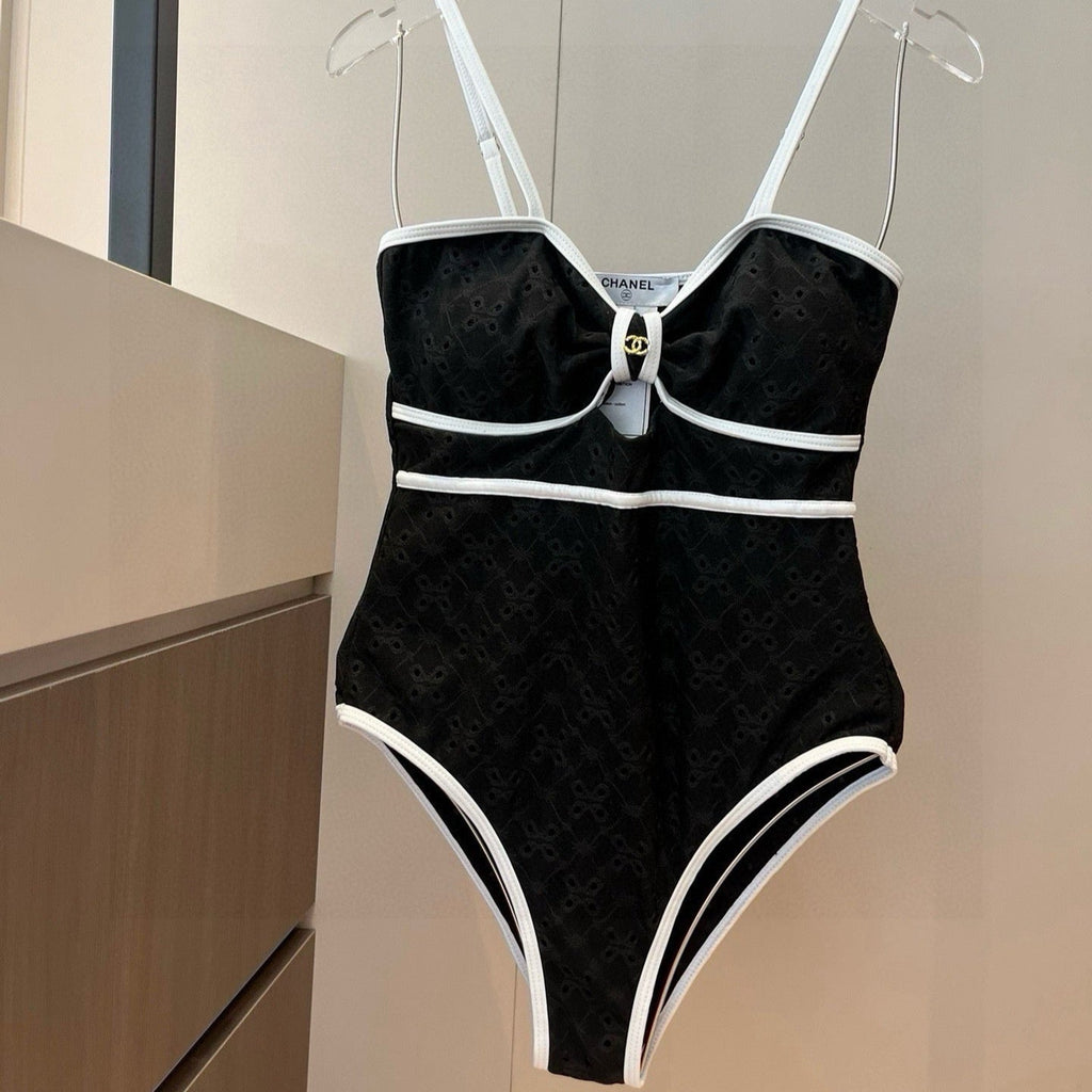 CHANEL BIKINI SWIMSUIT SET IN BLACK AND WHITE TRIM 594785