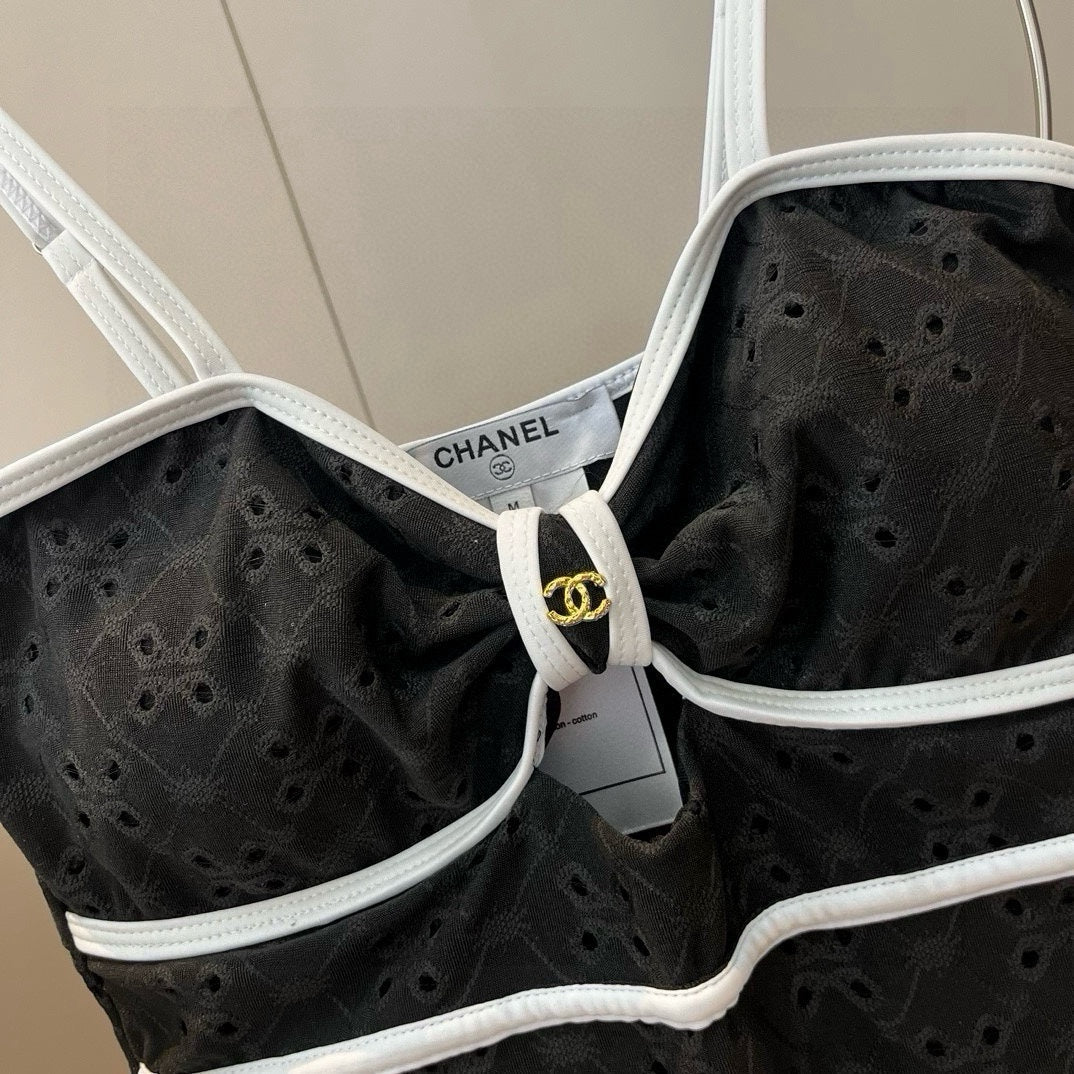 CHANEL BIKINI SWIMSUIT SET IN BLACK AND WHITE TRIM 594785