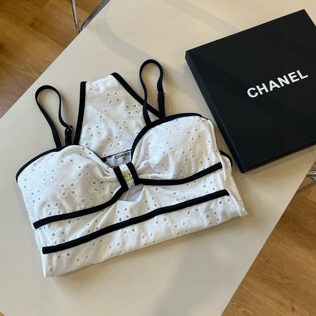 CHANEL BIKINI SWIMSUIT SET IN WHITE AND BLACK TRIM 594786