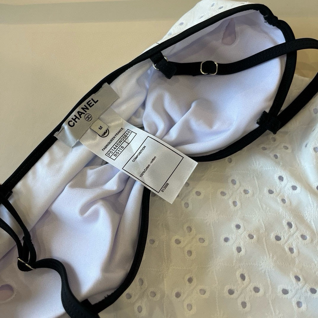 CHANEL BIKINI SWIMSUIT SET IN WHITE AND BLACK TRIM 594786