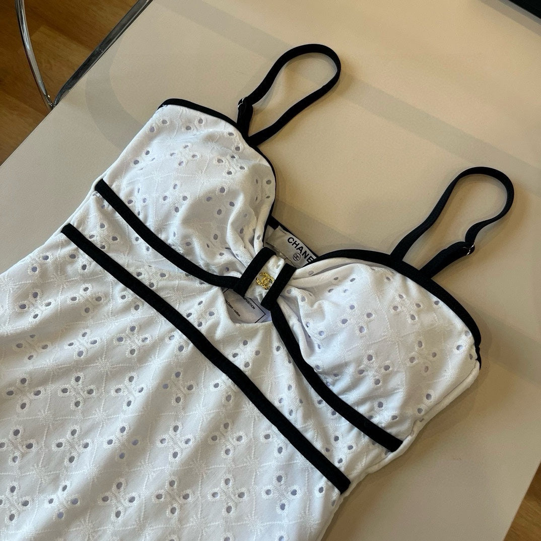 CHANEL BIKINI SWIMSUIT SET IN WHITE AND BLACK TRIM 594786
