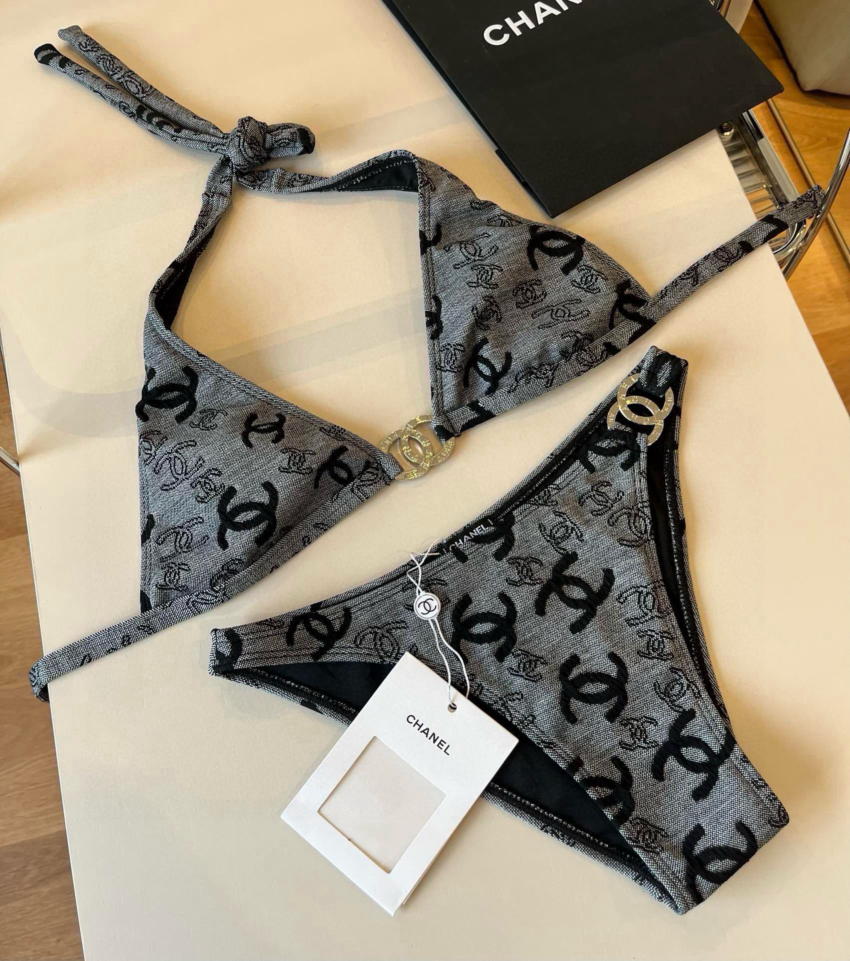 CHANEL SWIMSUIT IN GREY AND BLACK PRINTED LOGO 604224