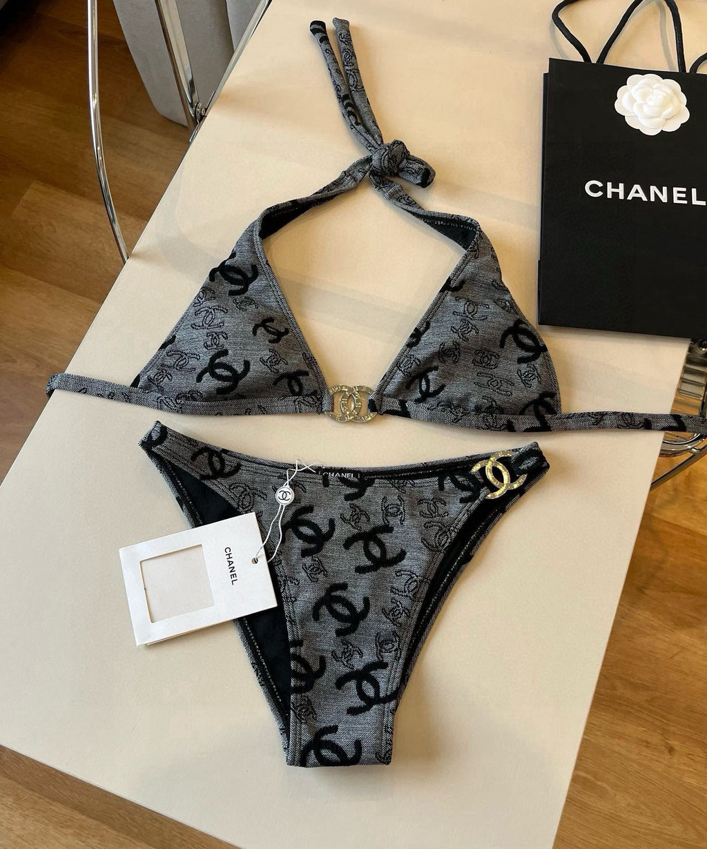 CHANEL SWIMSUIT IN GREY AND BLACK PRINTED LOGO 604224