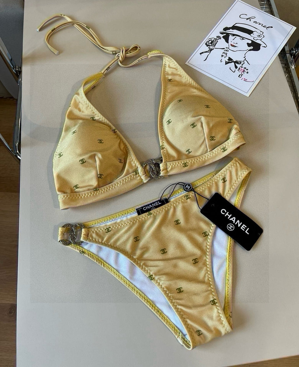 CHANEL BIKINI SWIMSUIT SET IN YELLOW AND GREEN LOGO 606523