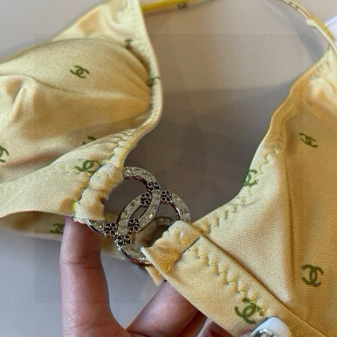 CHANEL BIKINI SWIMSUIT SET IN YELLOW AND GREEN LOGO 606523