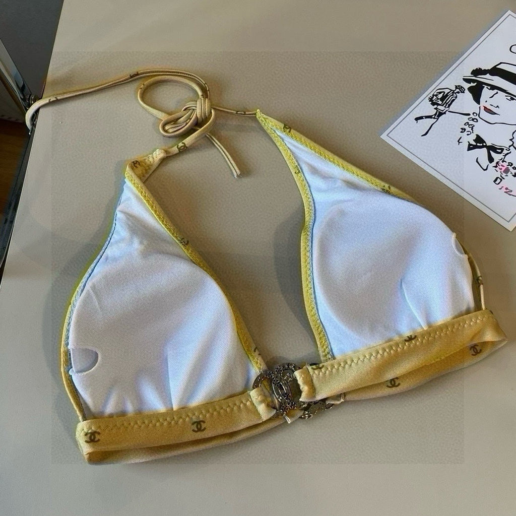 CHANEL BIKINI SWIMSUIT SET IN YELLOW AND GREEN LOGO 606523