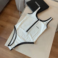 CHANEL BIKINI SWIMSUIT SET IN WHITE AND BLACK TRIM 625974