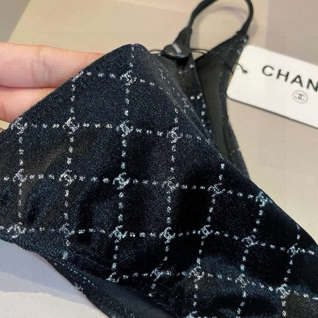 CHANEL BIKINI SWIMSUIT SET IN BLACK AND WHITE PLAID 625992