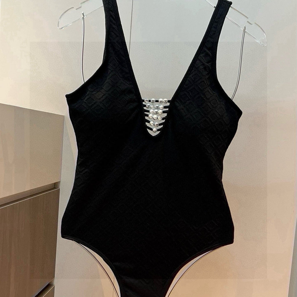 CHANEL SWIMSUIT IN BLACK COTTON MIX PEARL PRINTED LOGO 627819