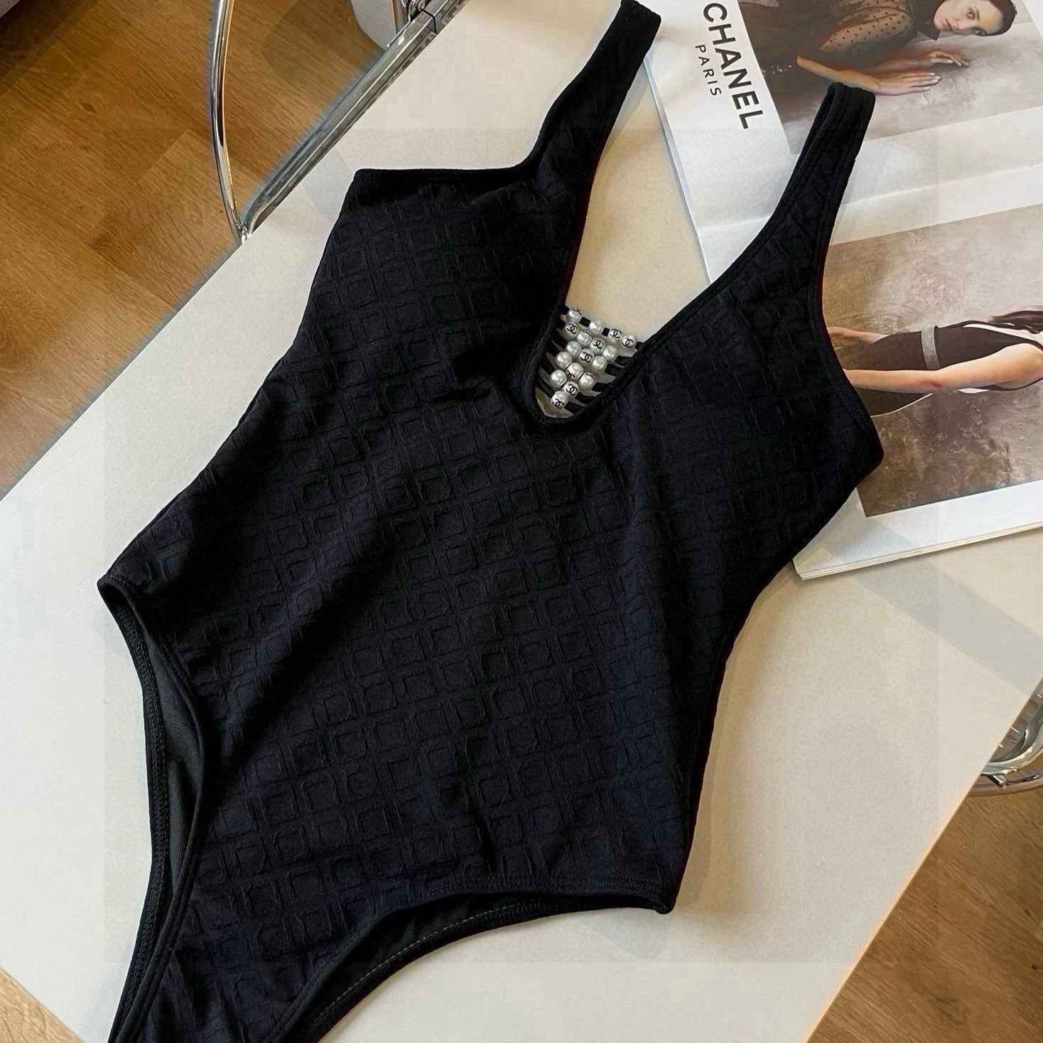 CHANEL SWIMSUIT IN BLACK COTTON MIX PEARL PRINTED LOGO 627819