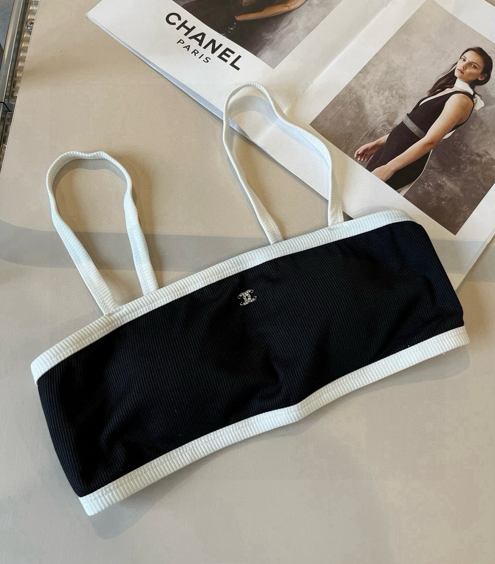 CHANEL BIKINI SWIMSUIT SET IN BLACK AND WHITE TRIM 633212