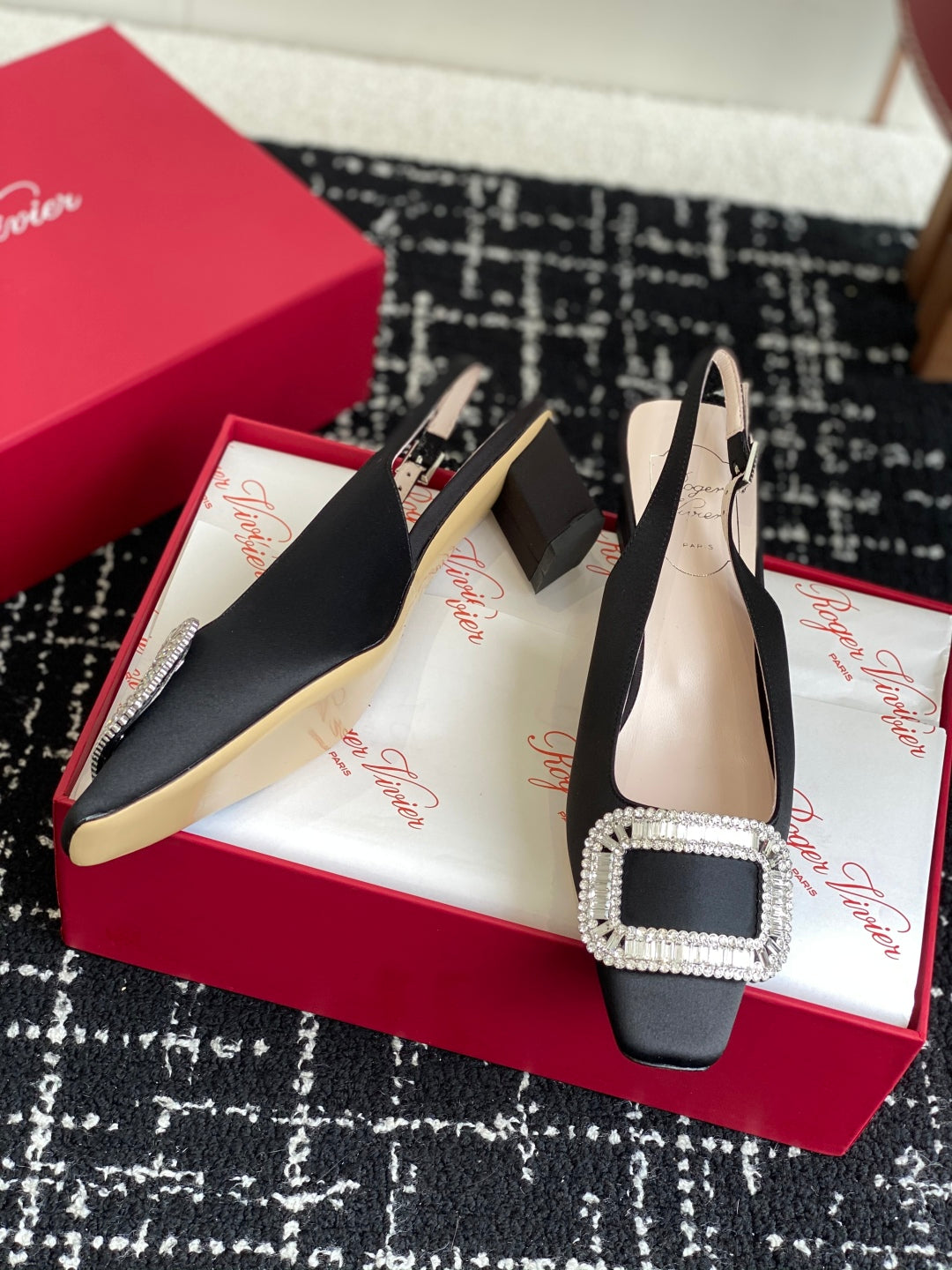 ROGER VIVIER 25S VIVIER SLINGBACK 45MM IN BLACK SILK EMBELLISHED CRYSTALS