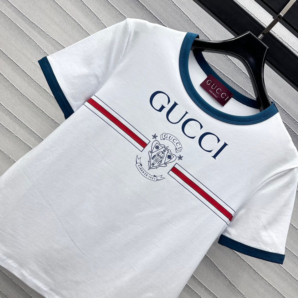 GUCCI White Blue Cotton Jersey T-shirt With Print