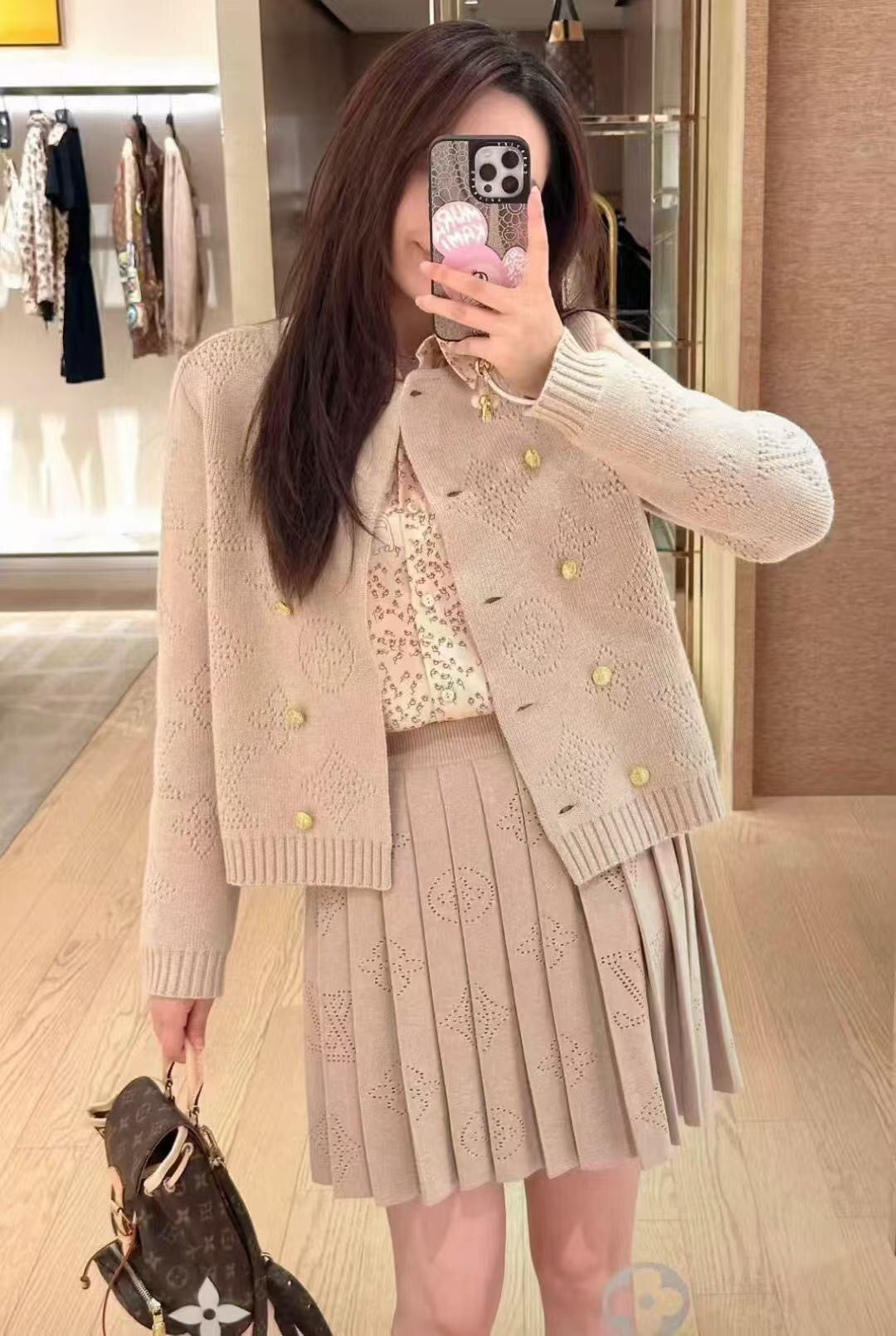 LOUIS VUITTON LV 25S KNIT CARDIGAN AND PLEATED KNIT MINI SKIRT SET 0108