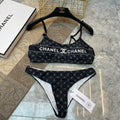 CHANEL BIKINI SWIMSUIT SET IN BLACK AND WHITE LOGO PRINTED 581298