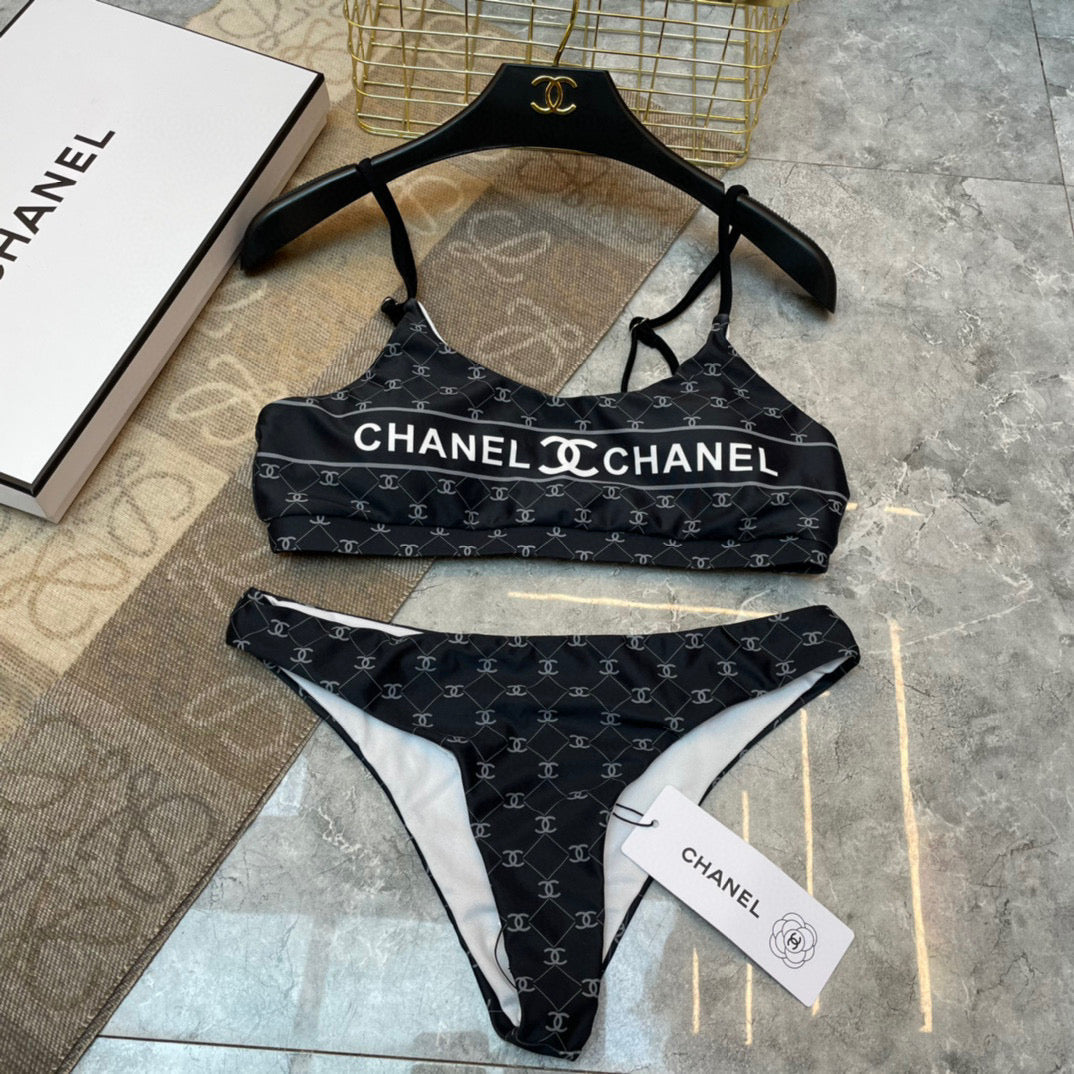 CHANEL BIKINI SWIMSUIT SET IN BLACK AND WHITE LOGO PRINTED 581298