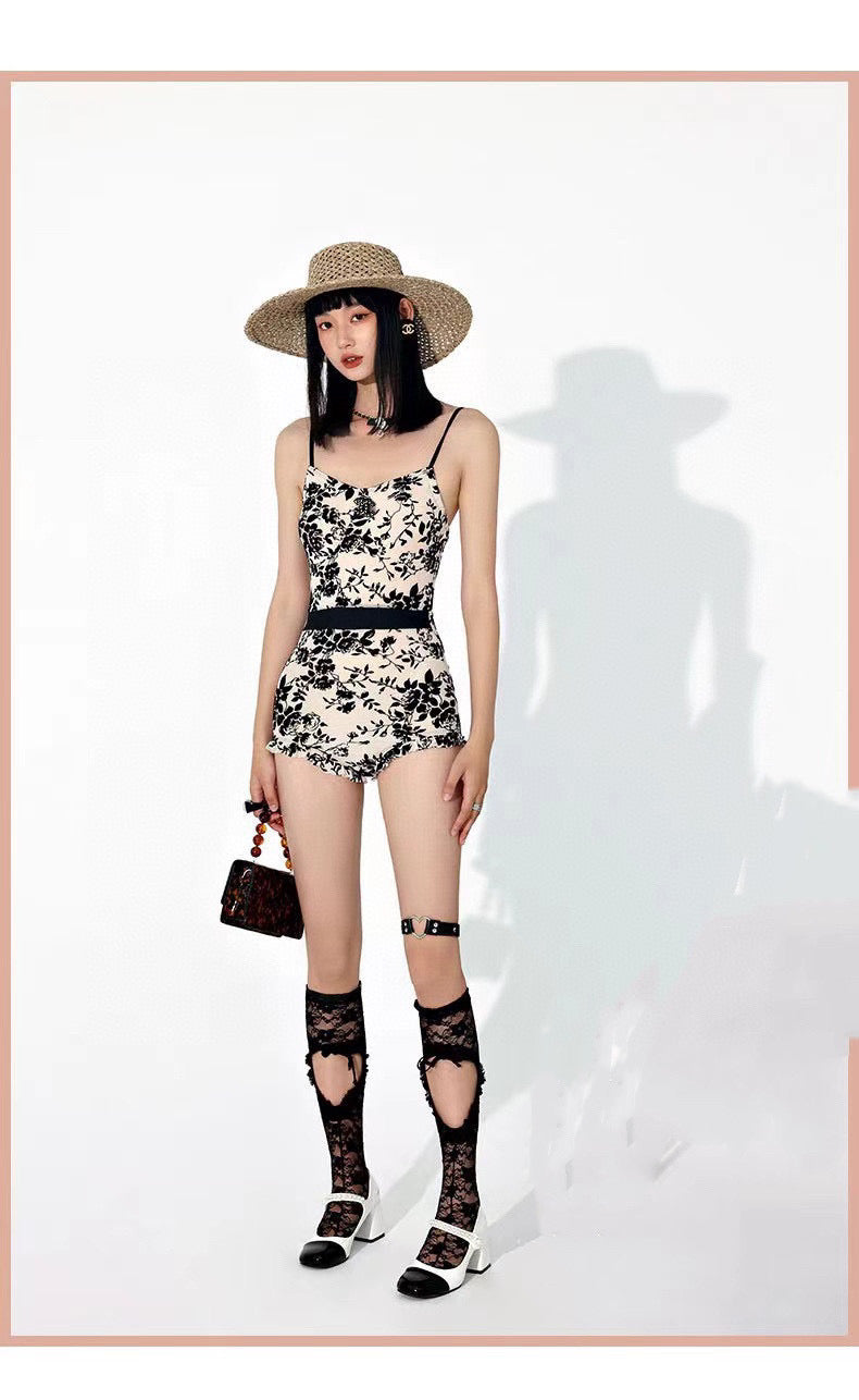 CHANEL BIKINI SWIMSUIT SET IN IVORY WITH BLACK VELVET FLORAL EMBROIDERY 581303