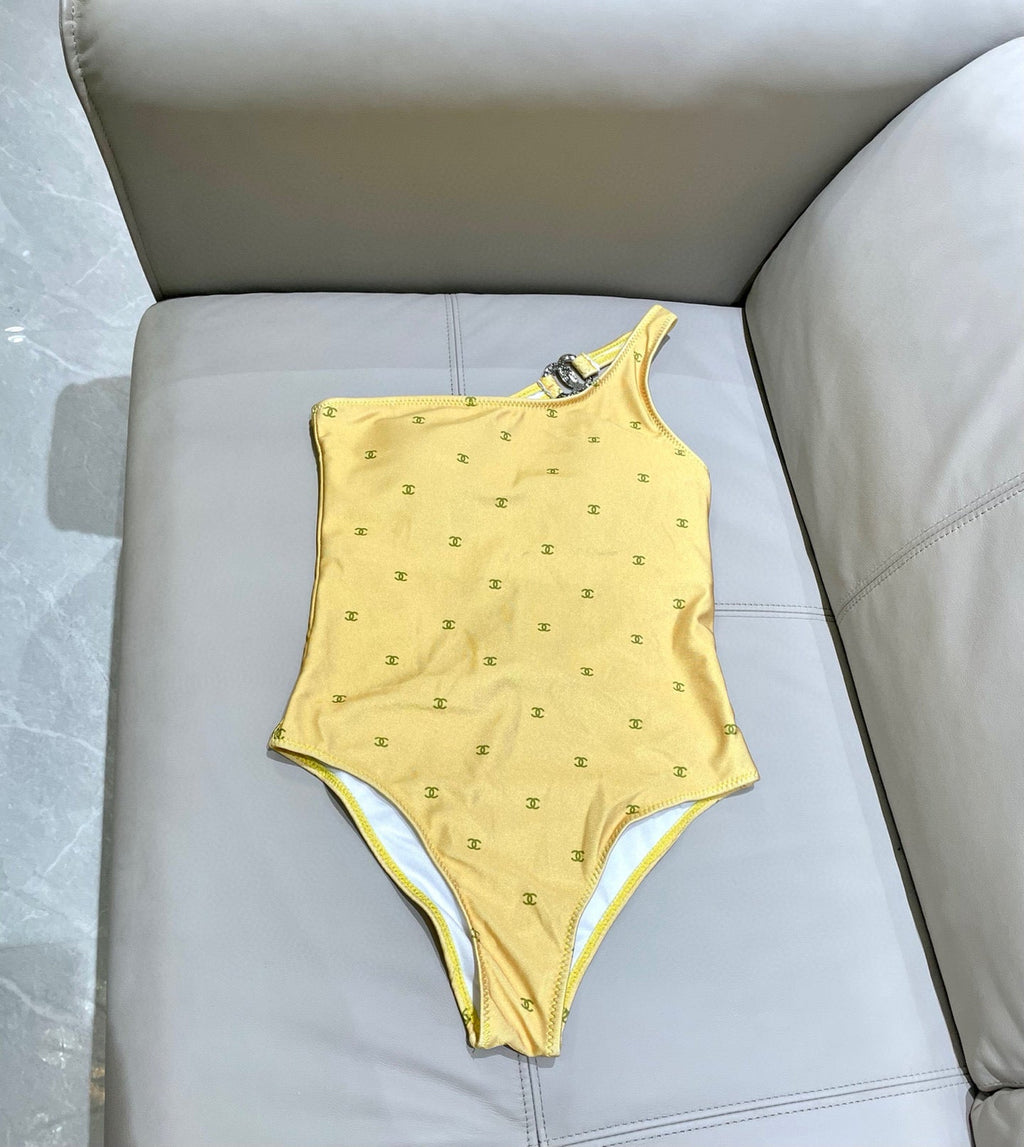 CHANEL BIKINI SWIMSUIT SET IN YELLOW AND GREEN LOGO 593033
