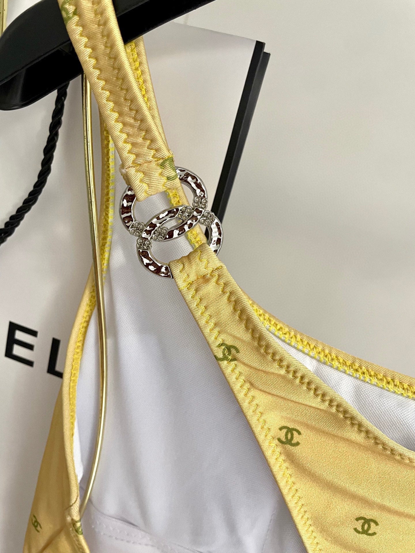CHANEL BIKINI SWIMSUIT SET IN YELLOW AND GREEN LOGO 593033