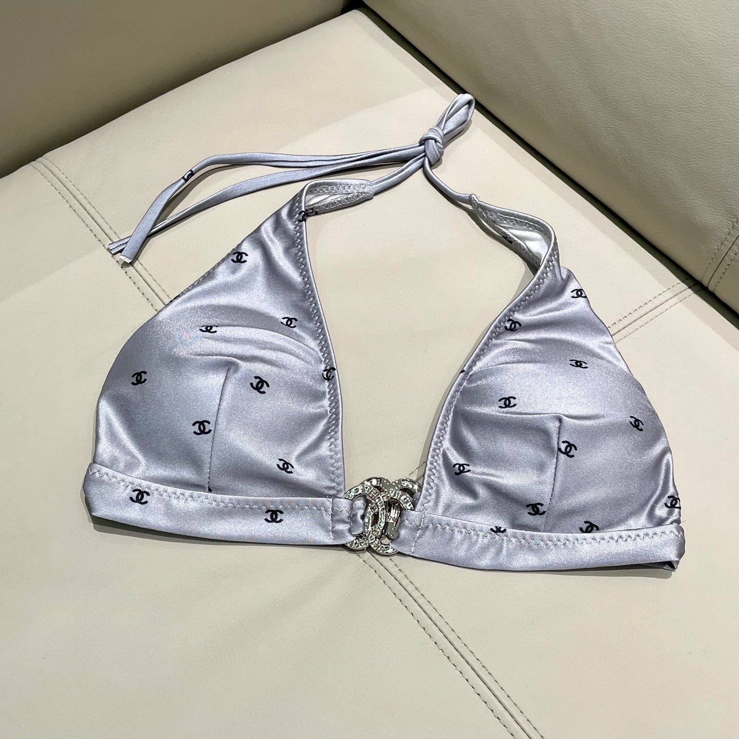 CHANEL BIKINI SWIMSUIT SET IN GREY AND BLACK LOGO 599155
