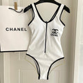 CHANEL BIKINI SWIMSUIT SET IN WHITE AND BLACK TRIM 604254