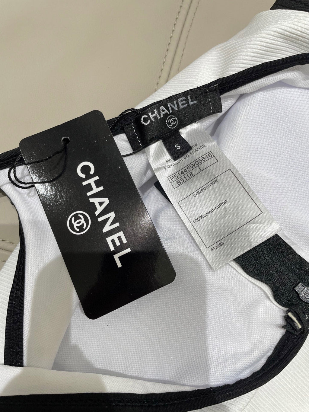 CHANEL BIKINI SWIMSUIT SET IN WHITE AND BLACK TRIM 604254