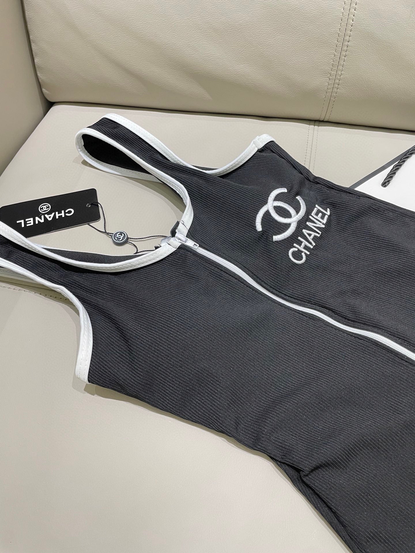 CHANEL BIKINI SWIMSUIT SET IN BLACK AND WHITE TRIM 604255