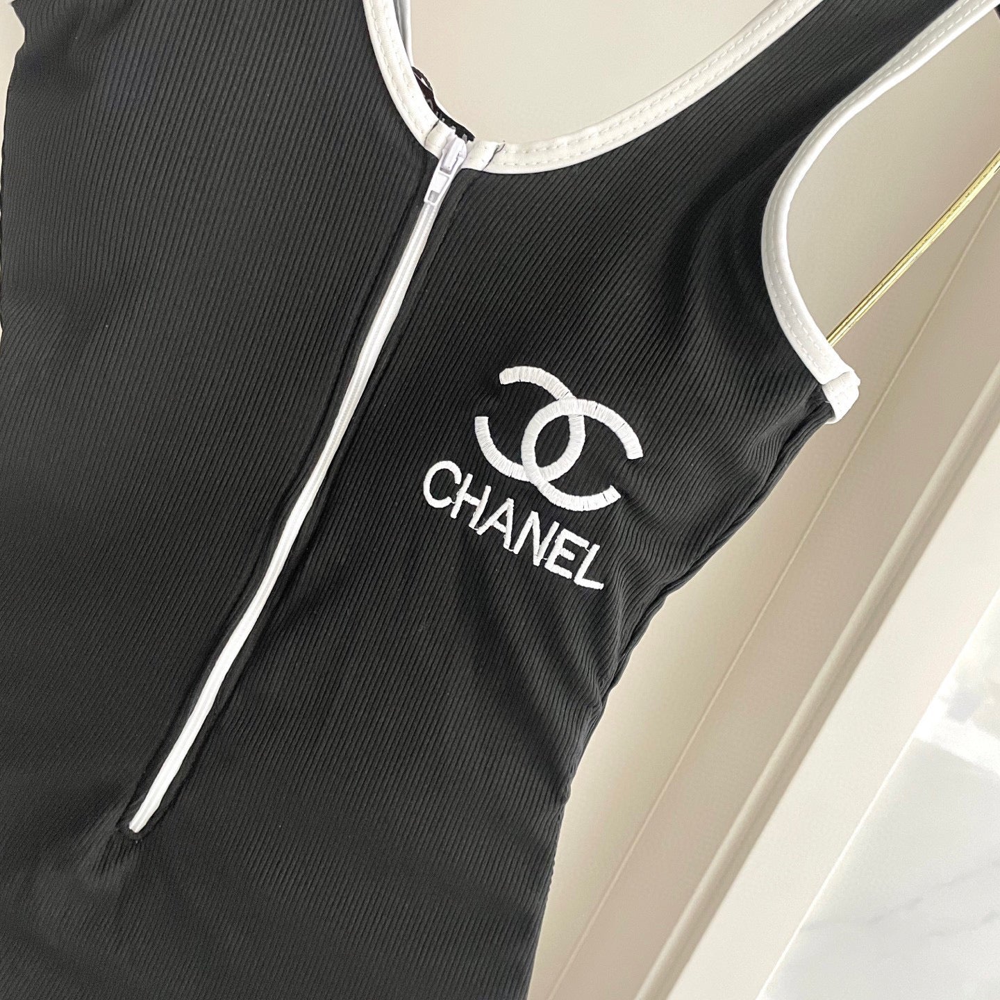 CHANEL BIKINI SWIMSUIT SET IN BLACK AND WHITE TRIM 604255