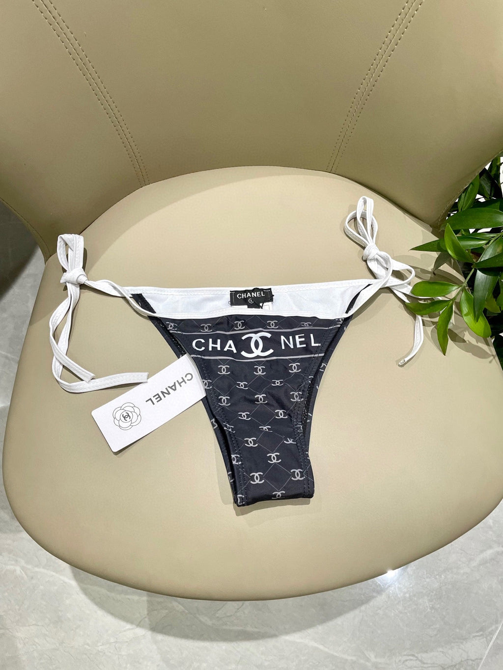 CHANEL BIKINI SWIMSUIT SET IN BLACK AND WHITE TRIM WHITE LOGO PRINTED 608921