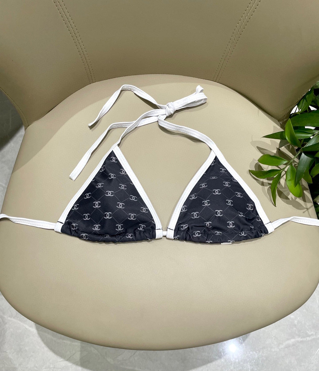 CHANEL BIKINI SWIMSUIT SET IN BLACK AND WHITE TRIM WHITE LOGO PRINTED 608921