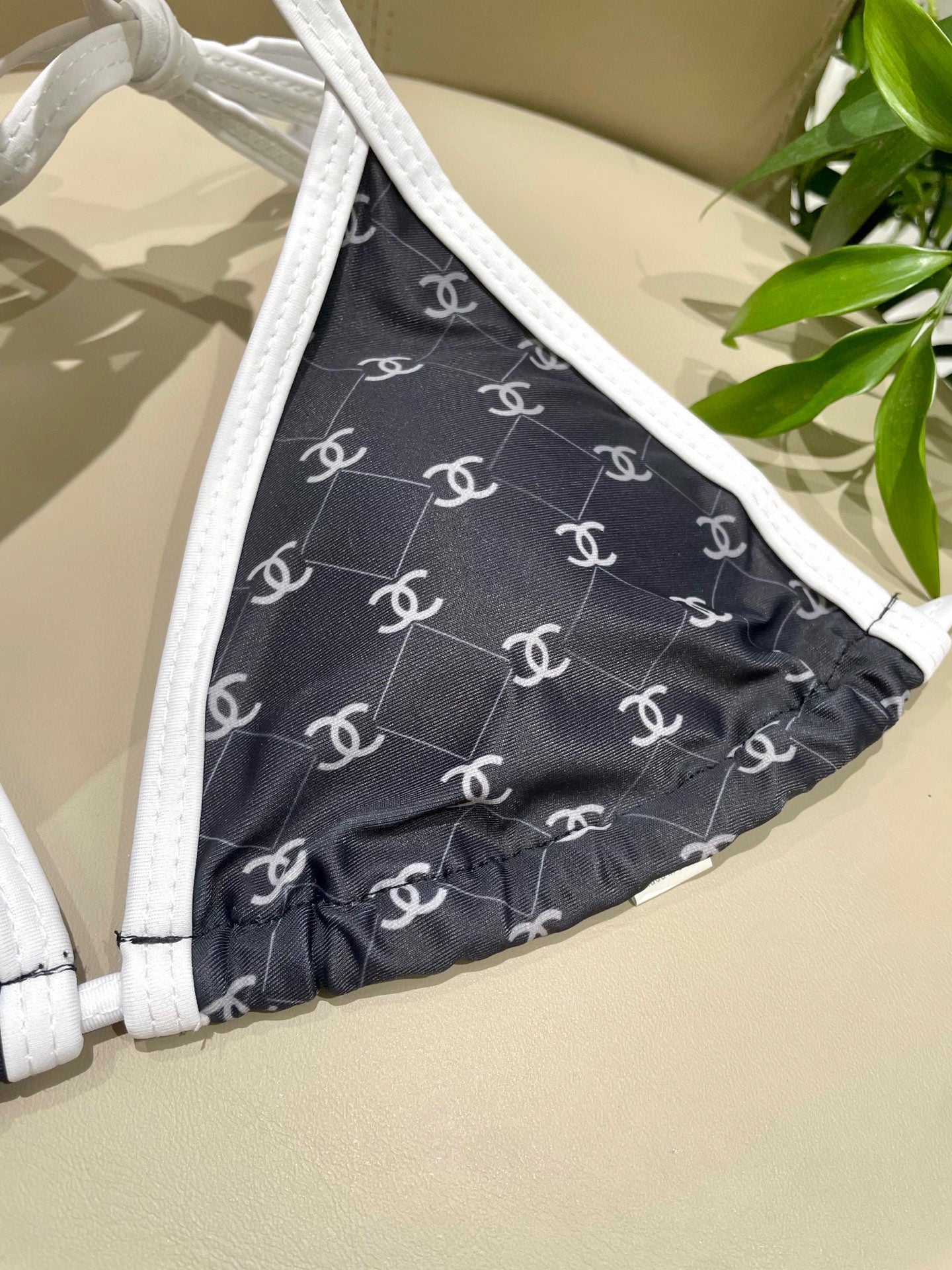 CHANEL BIKINI SWIMSUIT SET IN BLACK AND WHITE TRIM WHITE LOGO PRINTED 608921