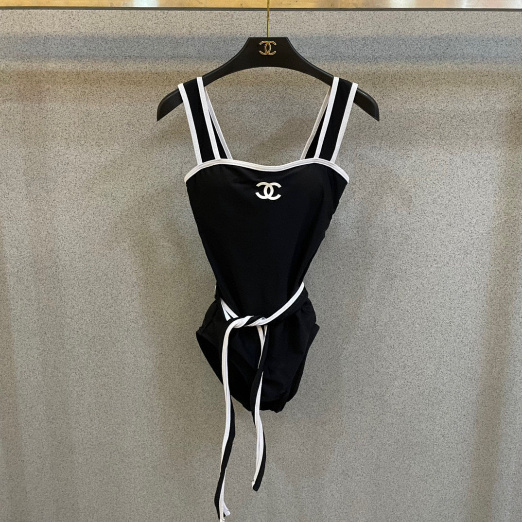 CHANEL BIKINI SWIMSUIT SET IN BLACK AND WHITE TRIM WHITE WAIST TIE DETAIL 613721