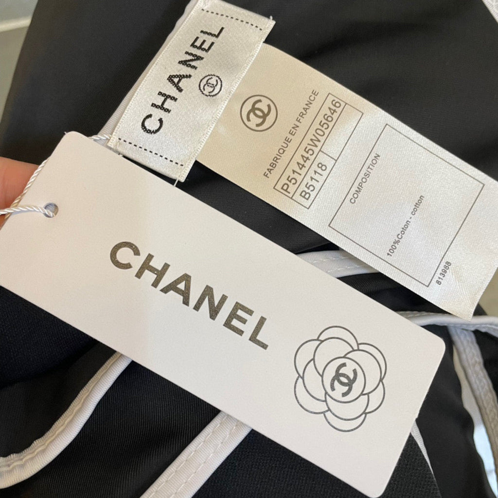 CHANEL BIKINI SWIMSUIT SET IN BLACK AND WHITE TRIM WHITE WAIST TIE DETAIL 613721