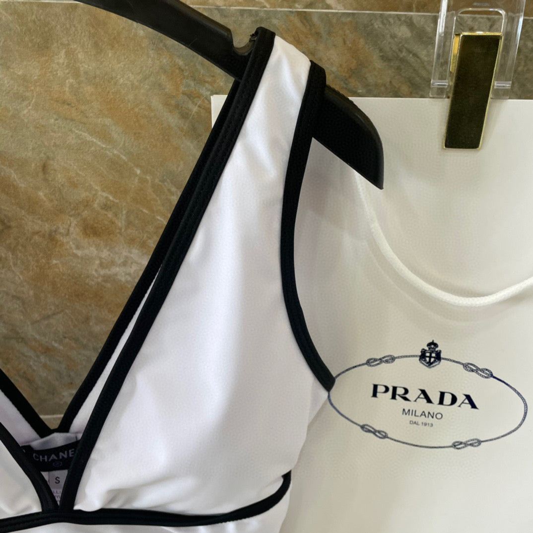 CHANEL BIKINI SWIMSUIT SET IN WHITE AND BLACK TRIM 613724