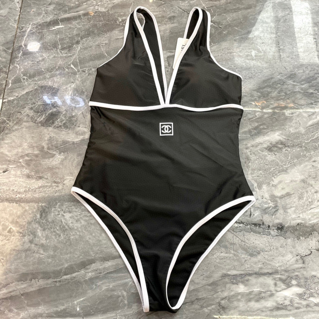 CHANEL BIKINI SWIMSUIT SET IN BLACK AND WHITE TRIM 613725