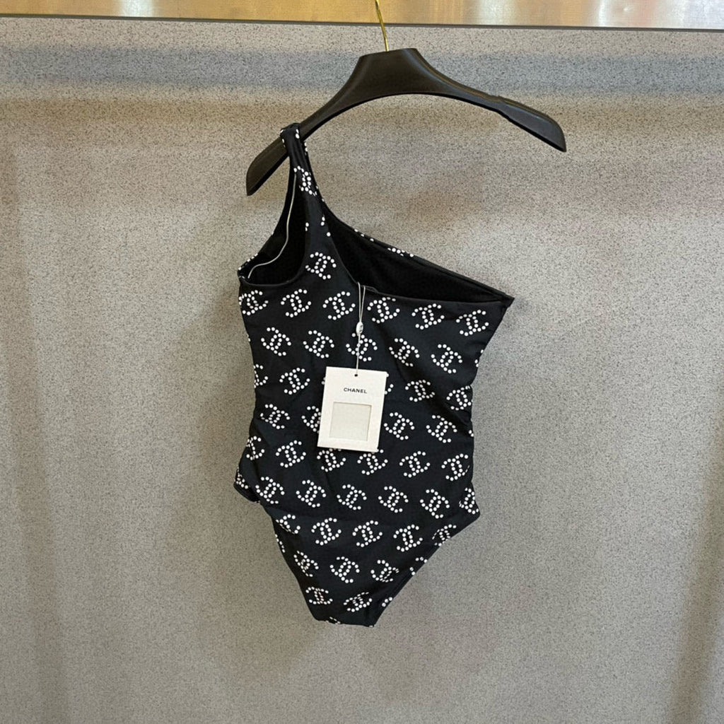 CHANEL BIKINI SWIMSUIT SET IN BLACK AND WHITE LOGO PRINTED 615195