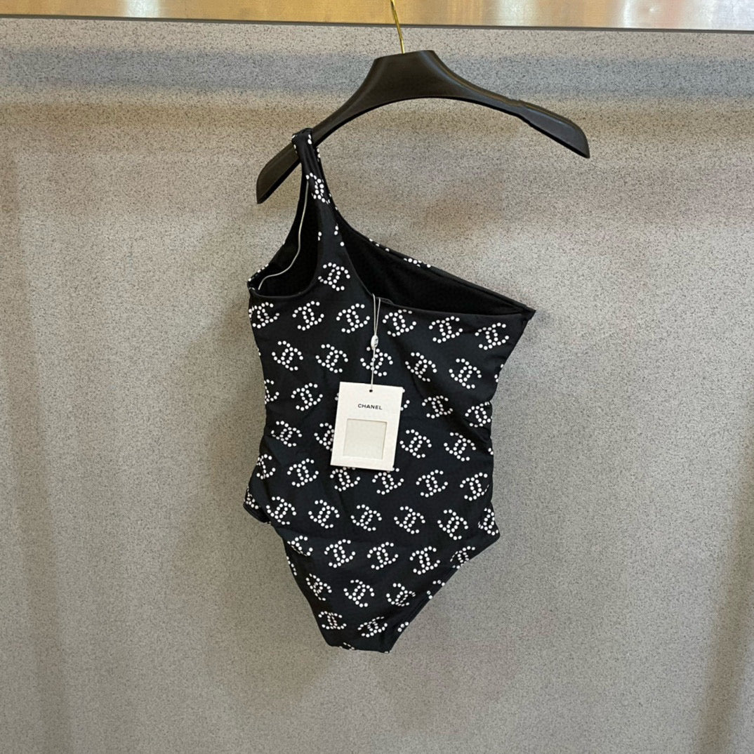 CHANEL BIKINI SWIMSUIT SET IN BLACK AND WHITE LOGO PRINTED 615195