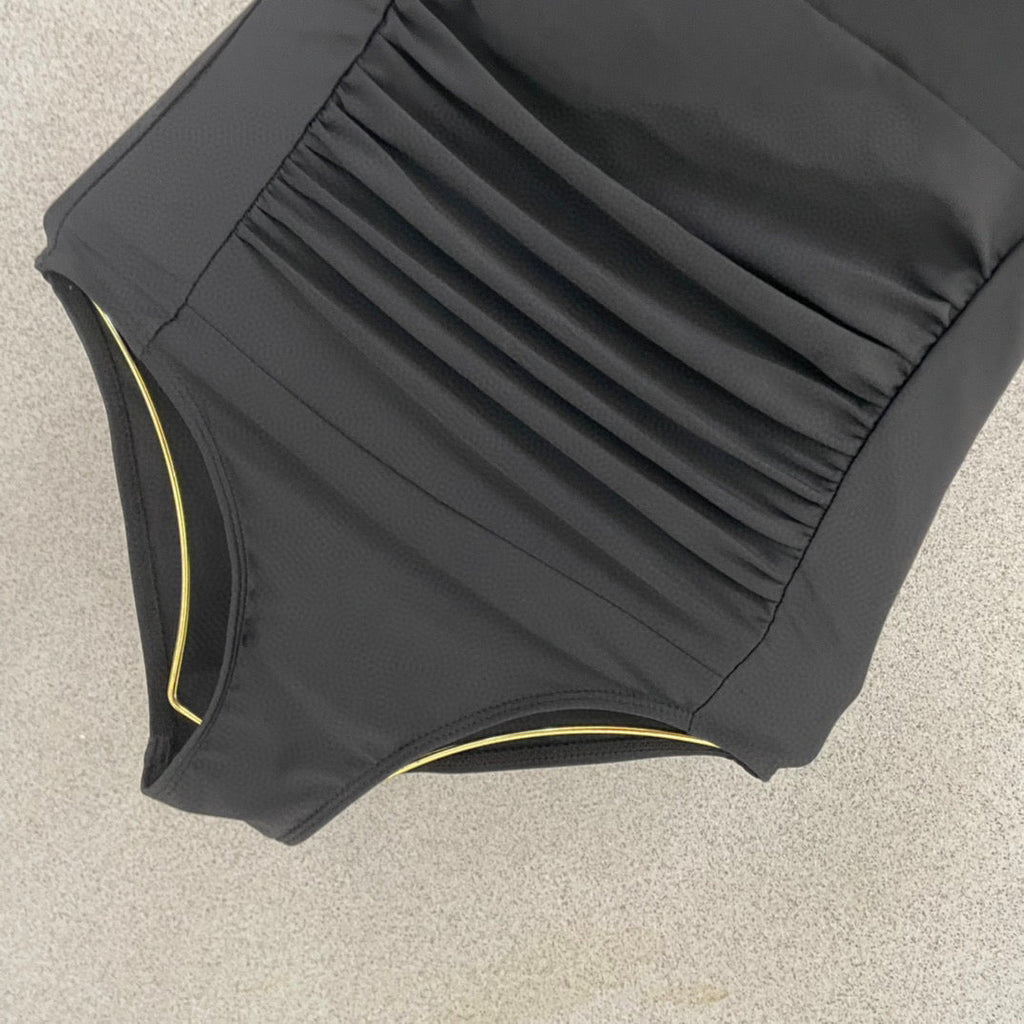 CHANEL BIKINI SWIMSUIT SET IN BLACK ATTACHED WITH GOLD METAL LOGO 615196