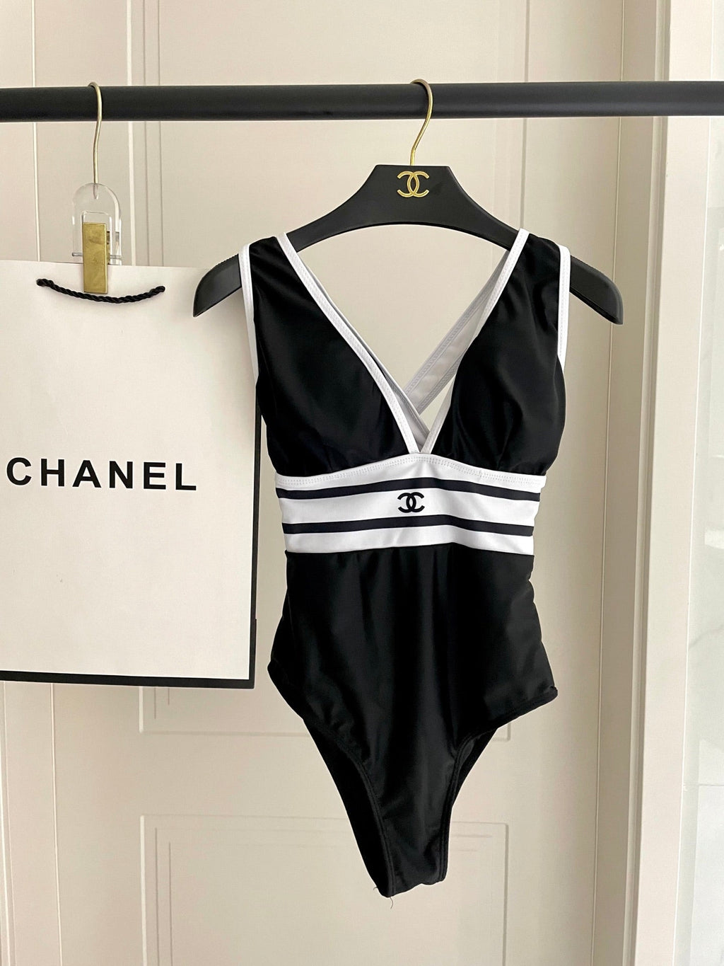CHANEL BIKINI SWIMSUIT SET BLACK WHITE 173343